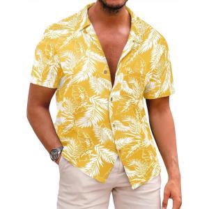 imageRuncati Mens Hawaiian Shirts Button Down Short Sleeve Cuban Collar Shirt Floral Tropical Summer Beach TopsYellow