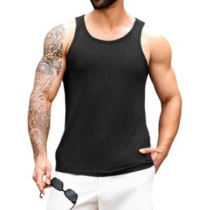 imageRuncati Mens Ribbed Knit Tank Top Cotton Sleeveless Shirts Summer Beach Workout Muscle UndershirtBlack