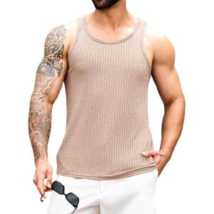 imageRuncati Mens Ribbed Knit Tank Top Cotton Sleeveless Shirts Summer Beach Workout Muscle UndershirtKhaki