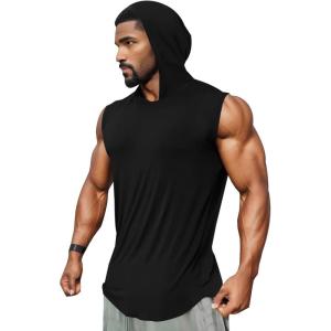 imageRuncati Mens Sleeveless Hoodies Workout Hooded Tank Tops Muscle Gym Bodybuilding Fitness Training T ShirtsBlack
