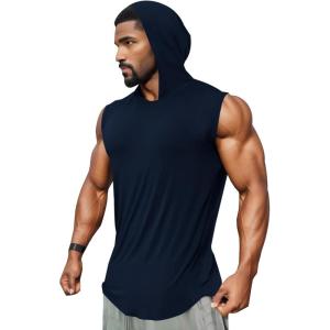 imageRuncati Mens Sleeveless Hoodies Workout Hooded Tank Tops Muscle Gym Bodybuilding Fitness Training T ShirtsNavy
