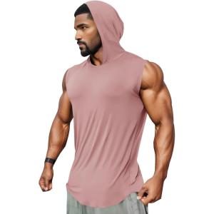 imageRuncati Mens Sleeveless Hoodies Workout Hooded Tank Tops Muscle Gym Bodybuilding Fitness Training T ShirtsPink