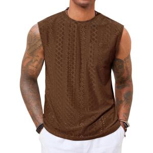 imageRuncati Mens Sleeveless Tank Tops Casual Hollow Out Knit T Shirts Beach Summer Hippie Tops with PocketCoffee