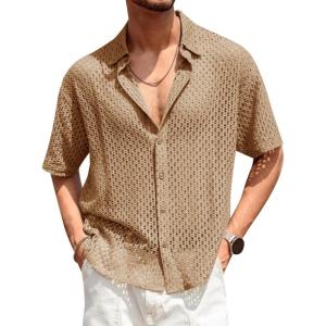 imageRuncati Mens Button Down Shirt Knit Crochet Hollow Out Short Sleeve Sweater Casual Summer TopsKhaki
