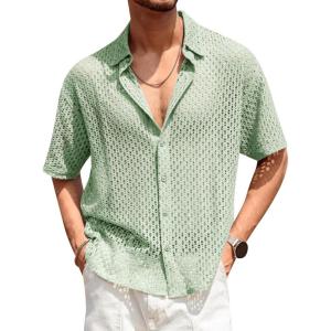 imageRuncati Mens Button Down Shirt Knit Crochet Hollow Out Short Sleeve Sweater Casual Summer TopsLight Green