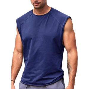 imageRuncati Mens Sleeveless Tank Tops Workout Cut Off Shirt Athletic Muscle Gym T ShirtsNavy