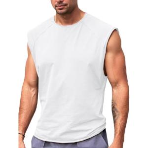 imageRuncati Mens Sleeveless Tank Tops Workout Cut Off Shirt Athletic Muscle Gym T ShirtsWhite
