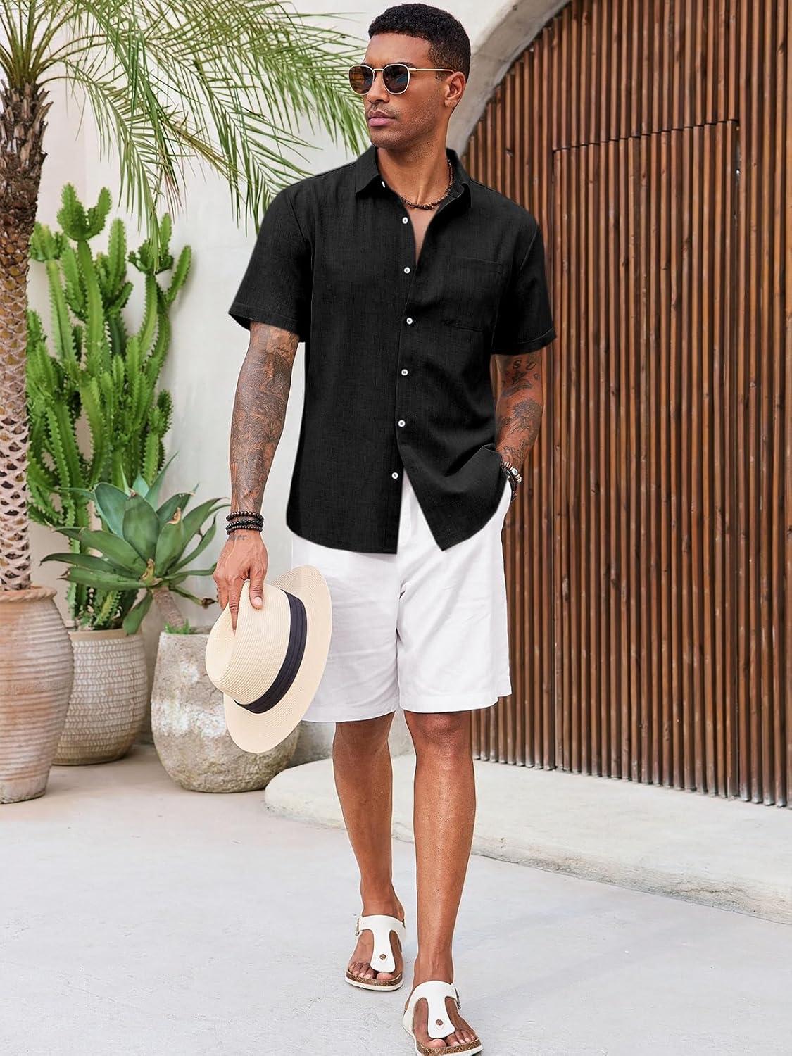 imageRuncati Mens Button Down Linen Shirt Short Sleeve Casual Summer Beach Wedding TopsBlack