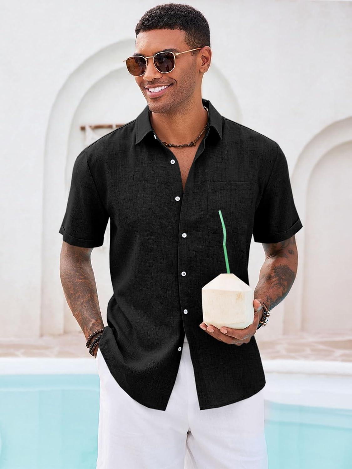 imageRuncati Mens Button Down Linen Shirt Short Sleeve Casual Summer Beach Wedding TopsBlack