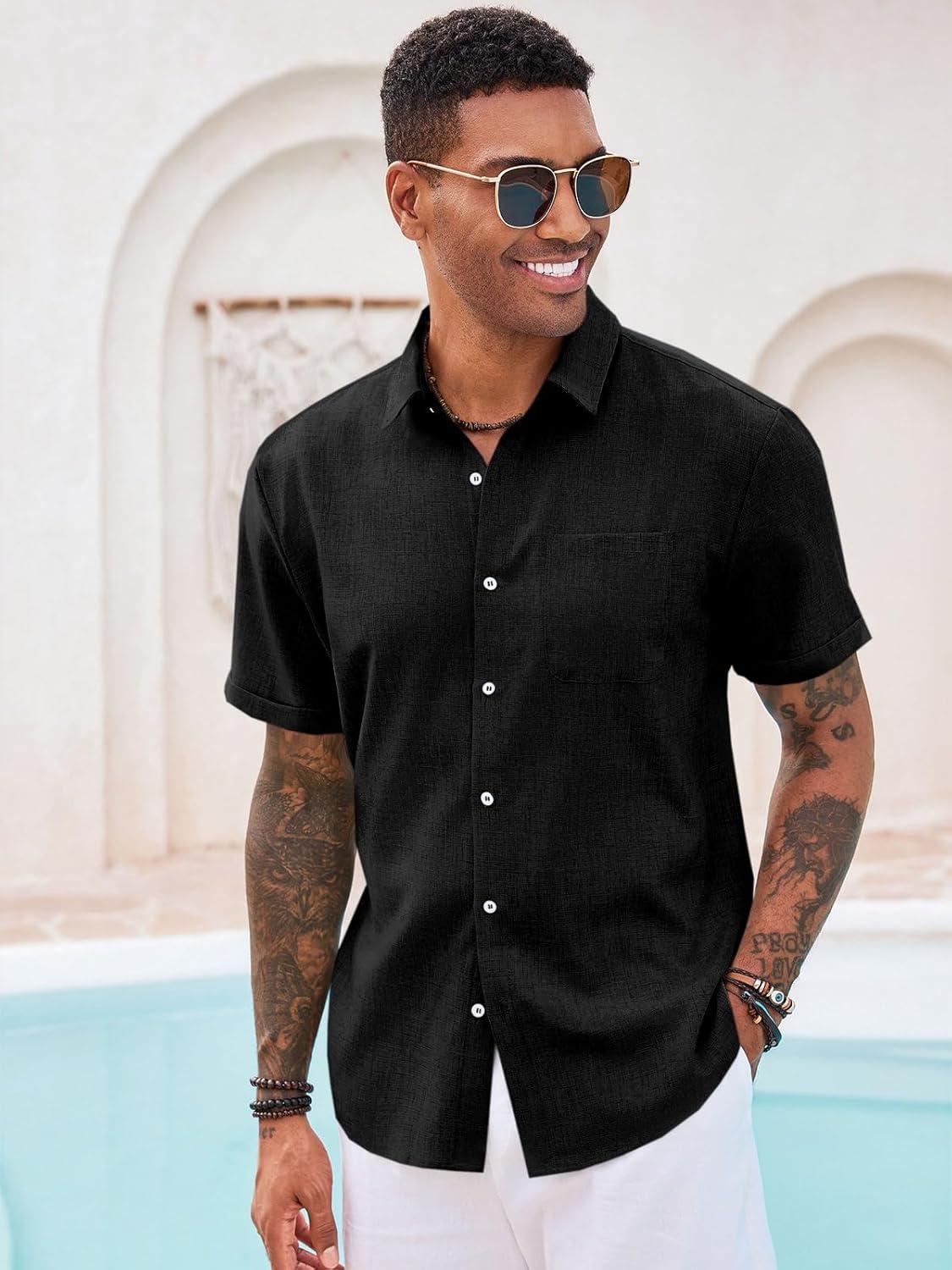 imageRuncati Mens Button Down Linen Shirt Short Sleeve Casual Summer Beach Wedding TopsBlack