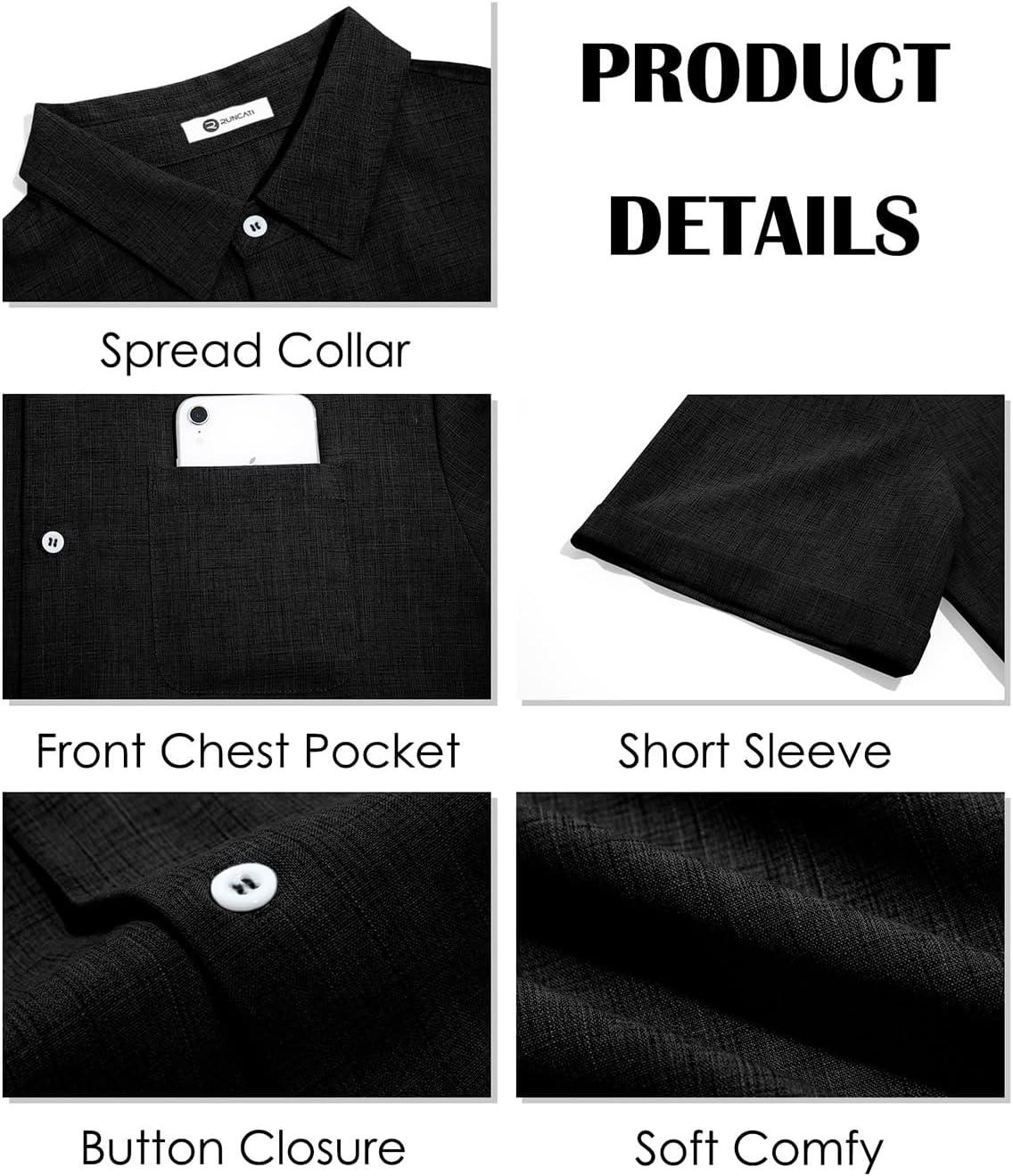 imageRuncati Mens Button Down Linen Shirt Short Sleeve Casual Summer Beach Wedding TopsBlack