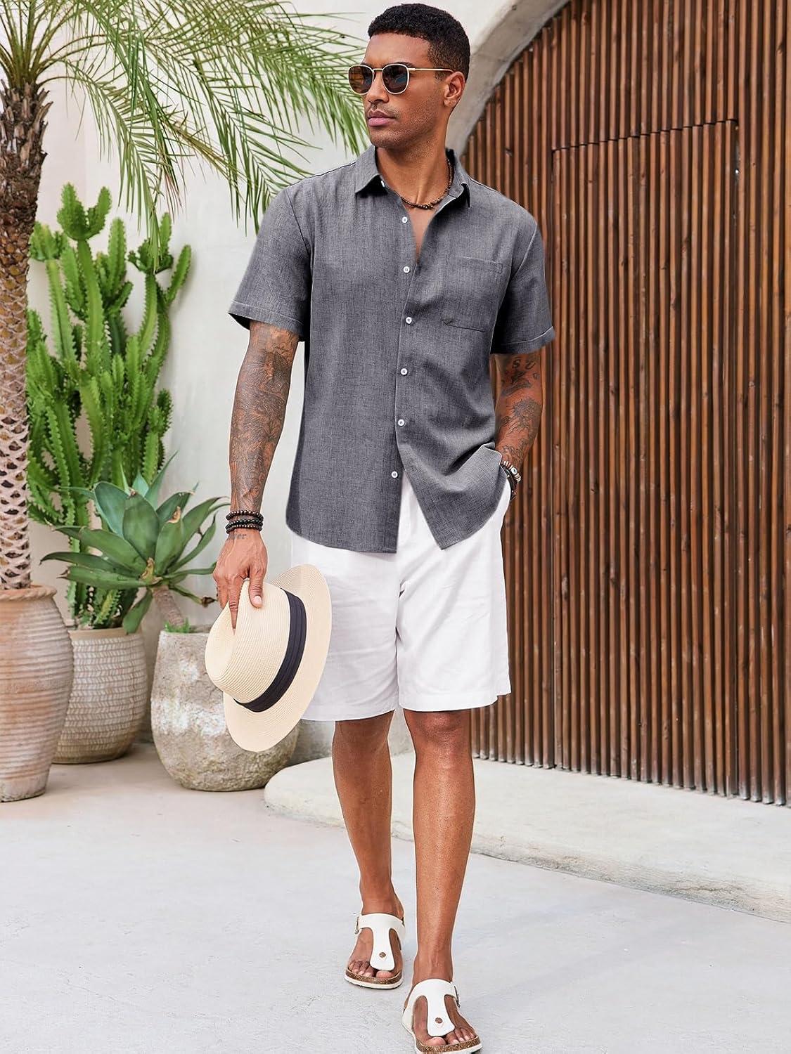 imageRuncati Mens Button Down Linen Shirt Short Sleeve Casual Summer Beach Wedding TopsDark Gray