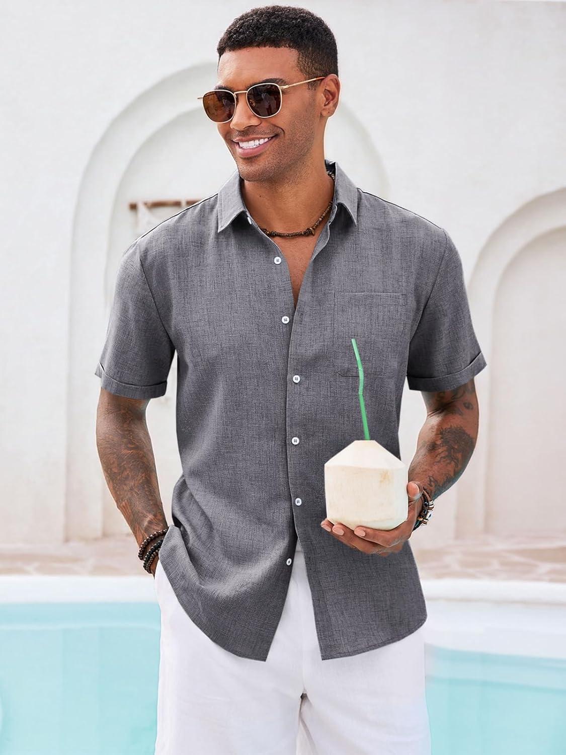 imageRuncati Mens Button Down Linen Shirt Short Sleeve Casual Summer Beach Wedding TopsDark Gray