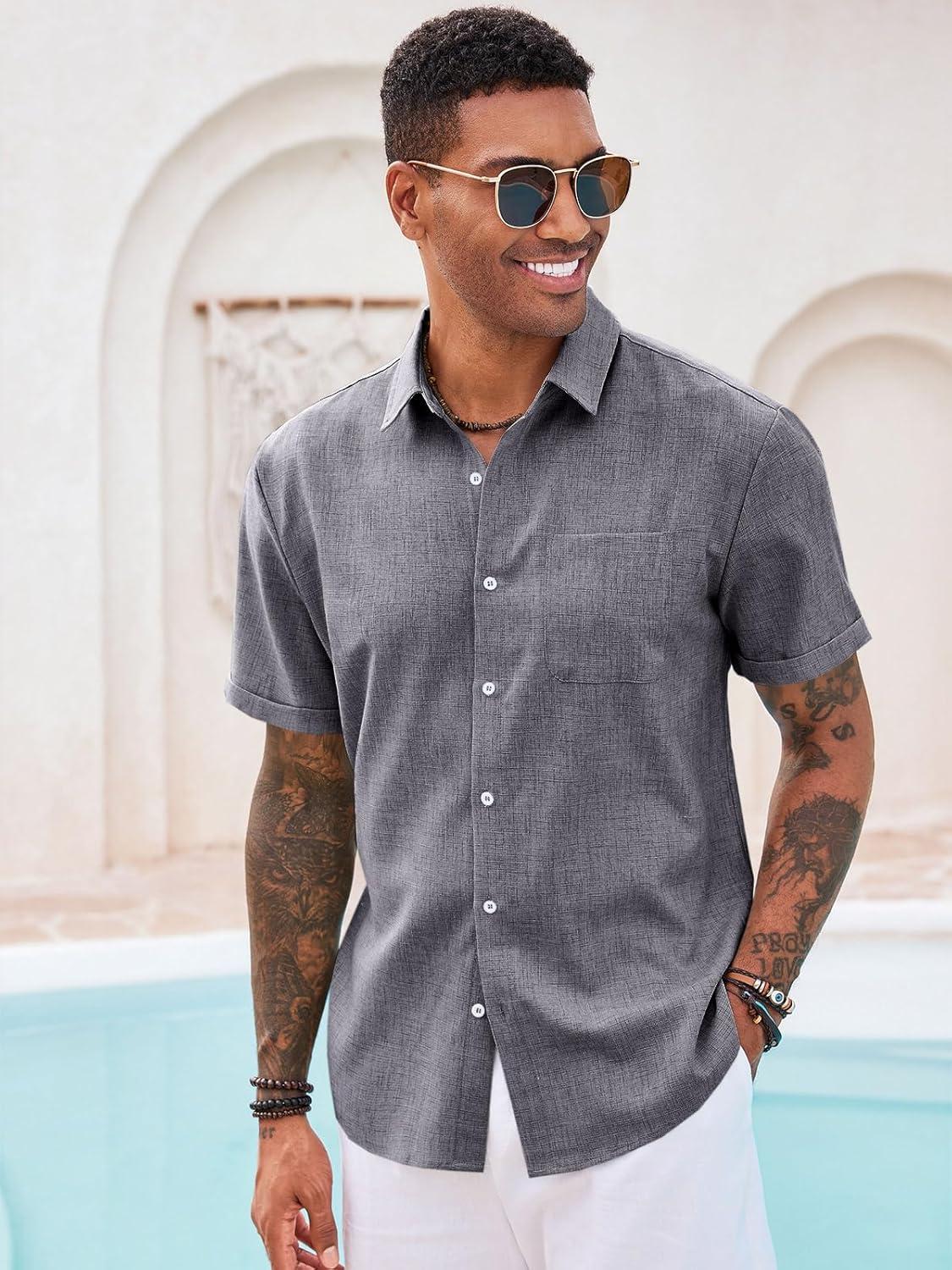 imageRuncati Mens Button Down Linen Shirt Short Sleeve Casual Summer Beach Wedding TopsDark Gray