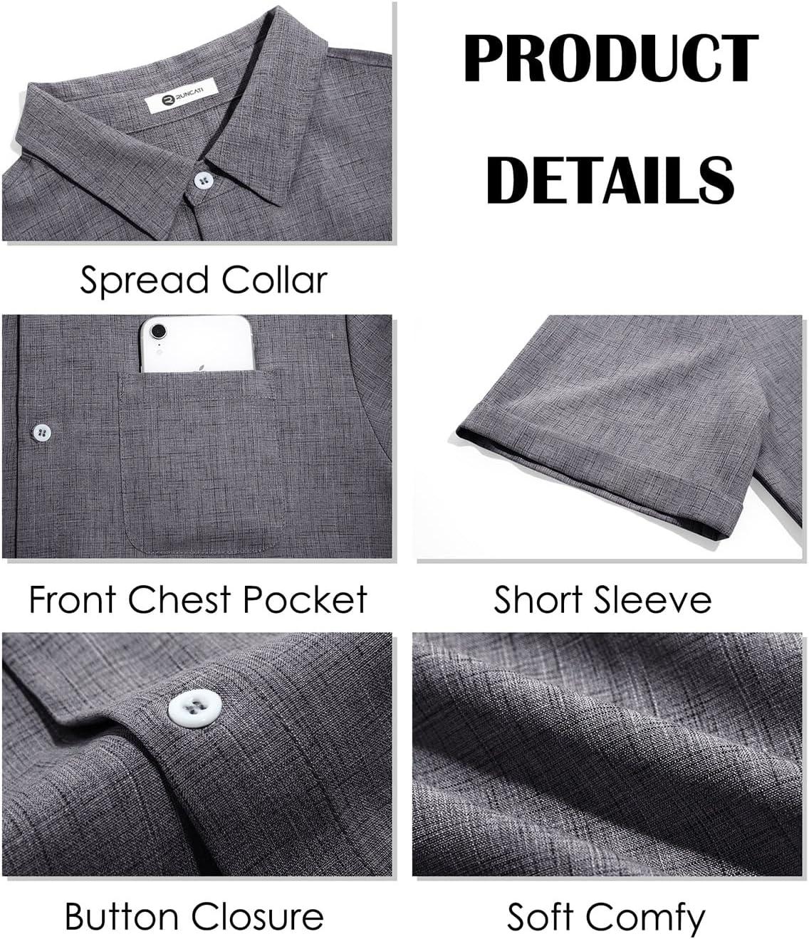imageRuncati Mens Button Down Linen Shirt Short Sleeve Casual Summer Beach Wedding TopsDark Gray