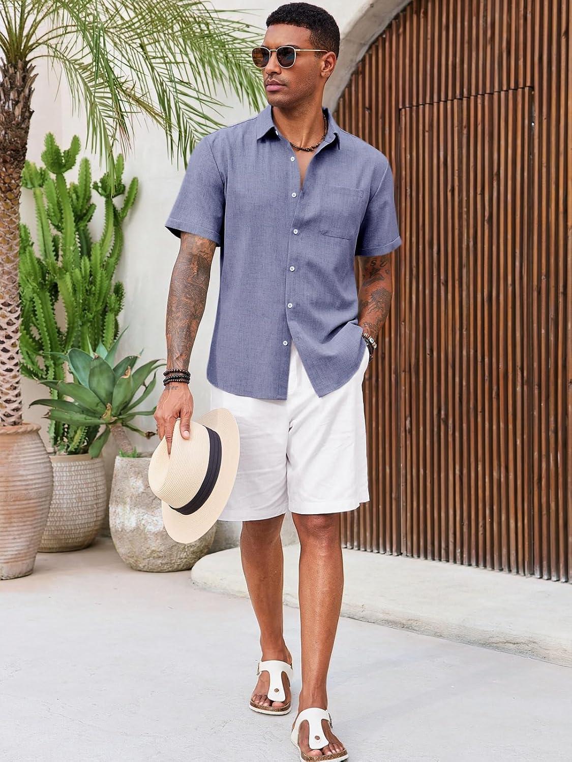 imageRuncati Mens Button Down Linen Shirt Short Sleeve Casual Summer Beach Wedding TopsJeans Blue
