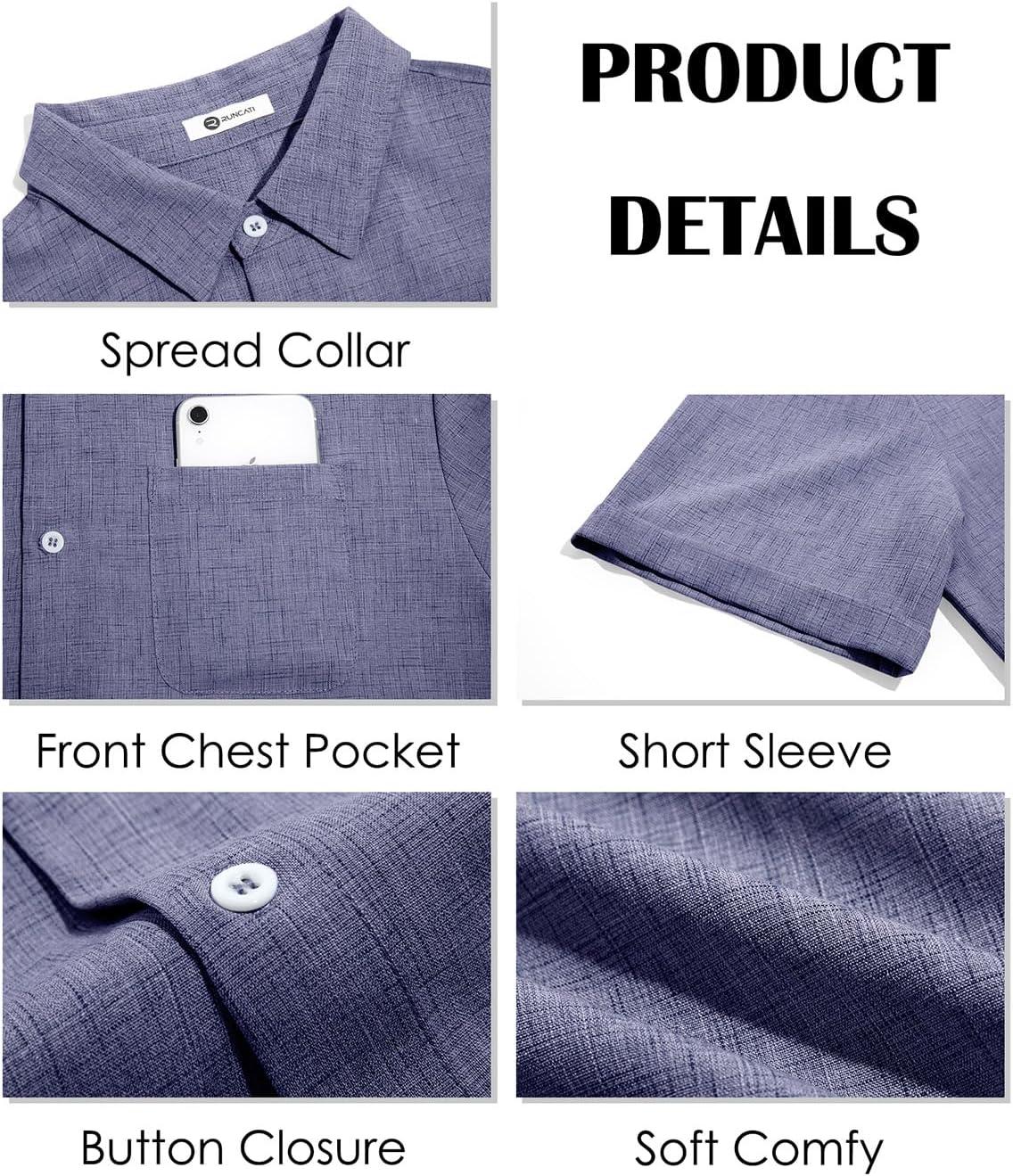 imageRuncati Mens Button Down Linen Shirt Short Sleeve Casual Summer Beach Wedding TopsJeans Blue