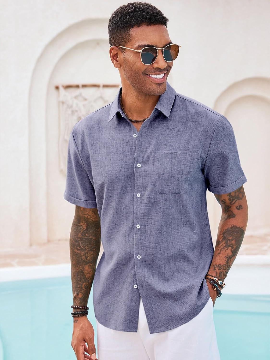 imageRuncati Mens Button Down Linen Shirt Short Sleeve Casual Summer Beach Wedding TopsJeans Blue