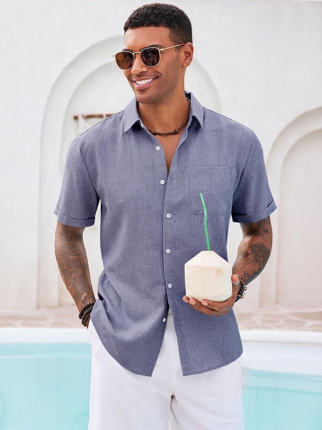 imageRuncati Mens Button Down Linen Shirt Short Sleeve Casual Summer Beach Wedding TopsJeans Blue