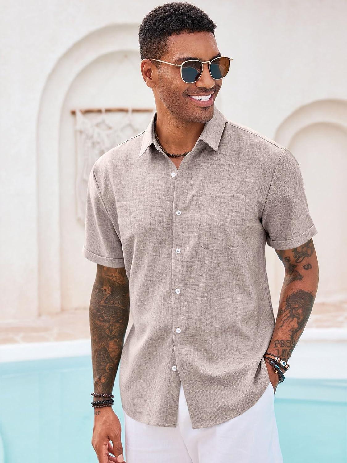 imageRuncati Mens Button Down Linen Shirt Short Sleeve Casual Summer Beach Wedding TopsKhaki
