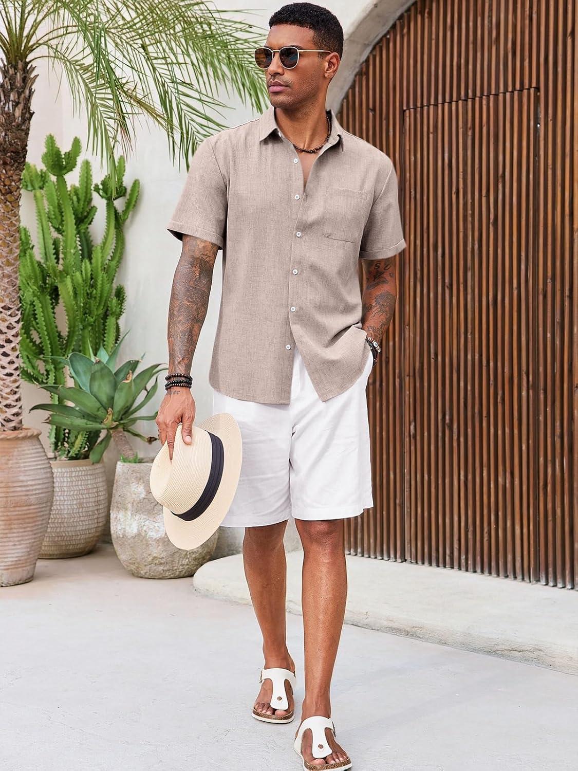 imageRuncati Mens Button Down Linen Shirt Short Sleeve Casual Summer Beach Wedding TopsKhaki