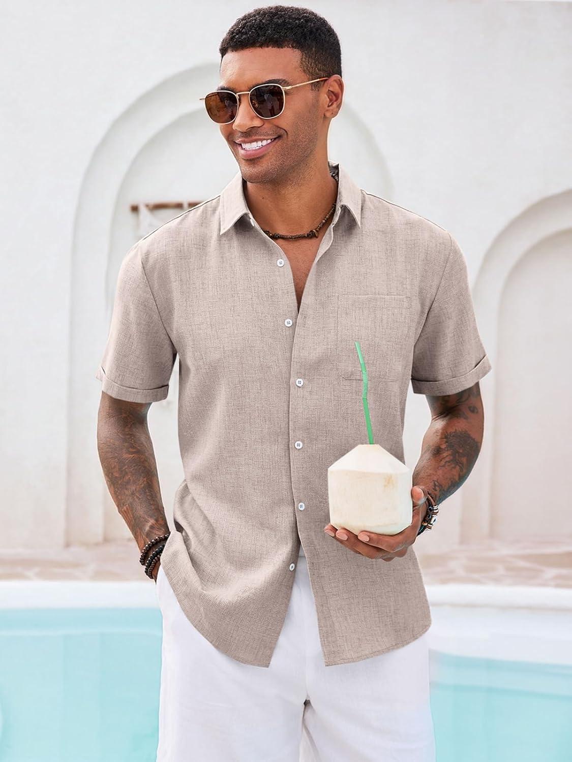 imageRuncati Mens Button Down Linen Shirt Short Sleeve Casual Summer Beach Wedding TopsKhaki