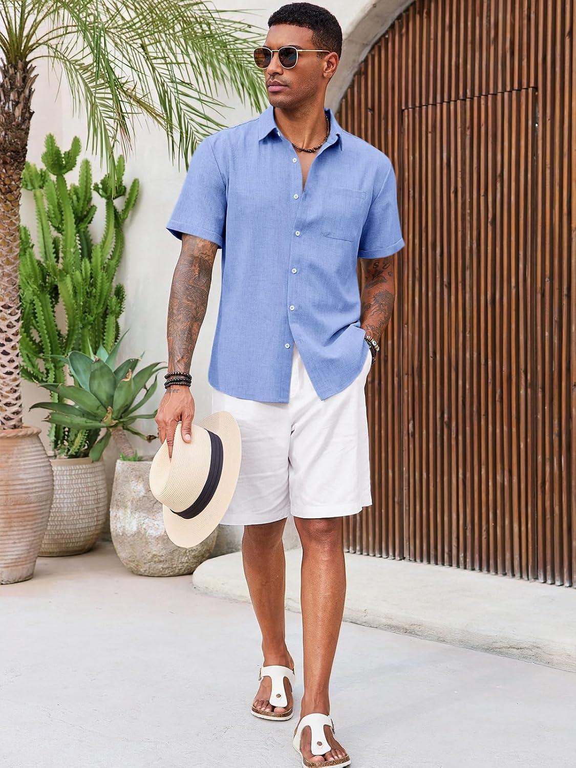 imageRuncati Mens Button Down Linen Shirt Short Sleeve Casual Summer Beach Wedding TopsLight Blue