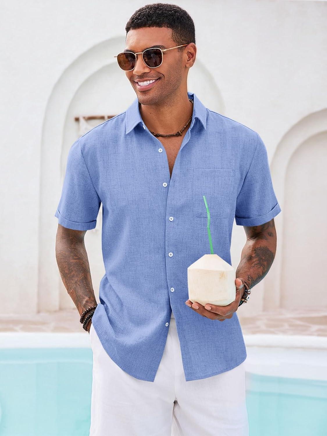 imageRuncati Mens Button Down Linen Shirt Short Sleeve Casual Summer Beach Wedding TopsLight Blue
