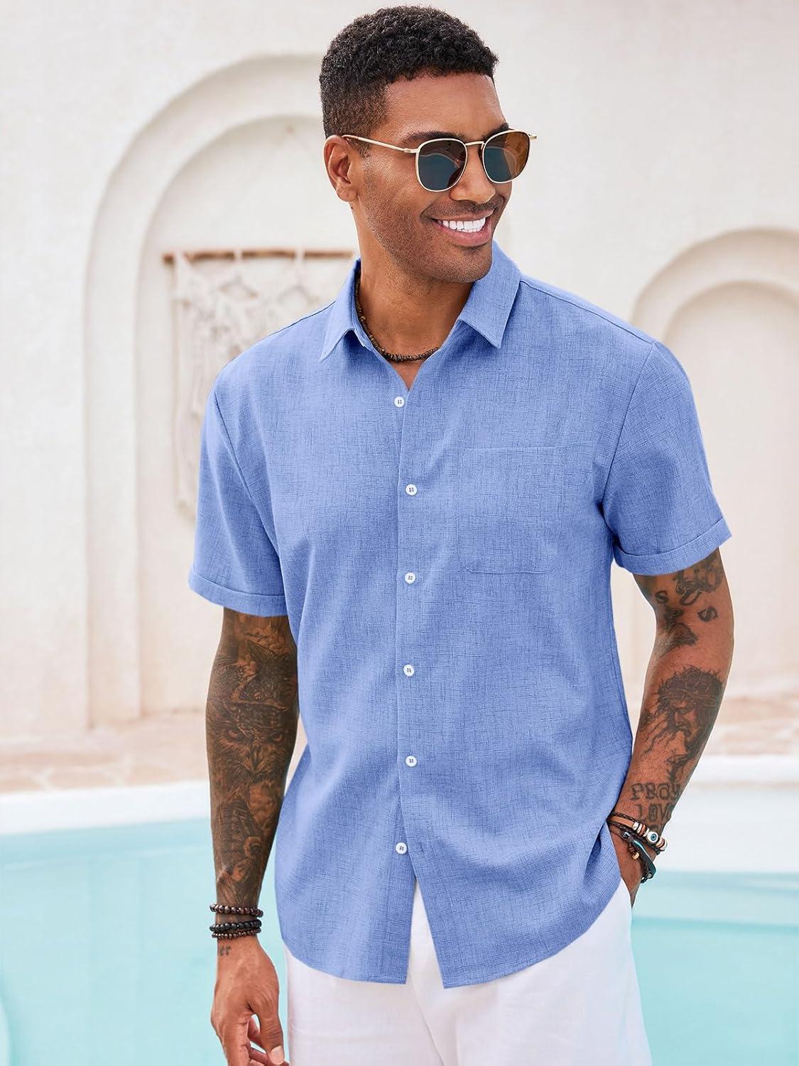 imageRuncati Mens Button Down Linen Shirt Short Sleeve Casual Summer Beach Wedding TopsLight Blue