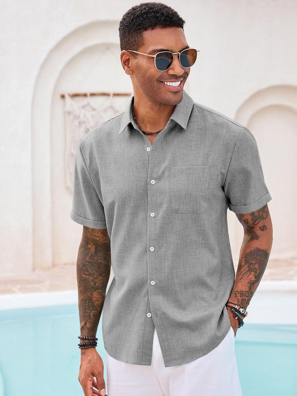 imageRuncati Mens Button Down Linen Shirt Short Sleeve Casual Summer Beach Wedding TopsLight Gray