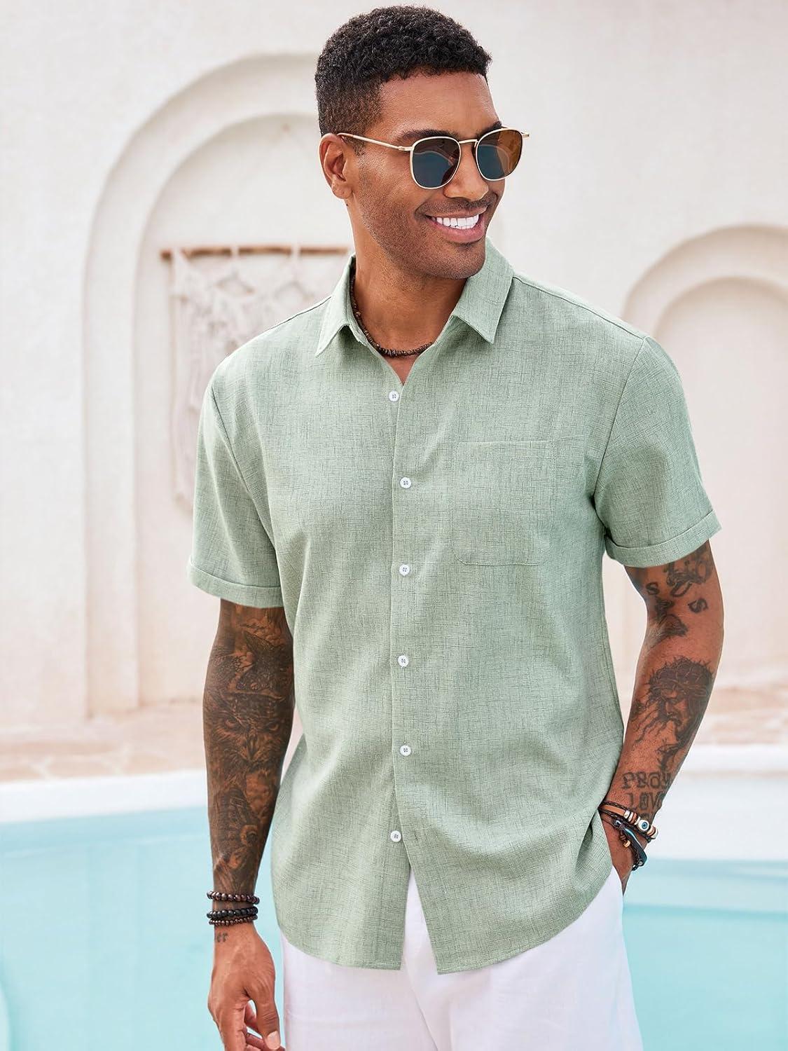 imageRuncati Mens Button Down Linen Shirt Short Sleeve Casual Summer Beach Wedding TopsOlive Green