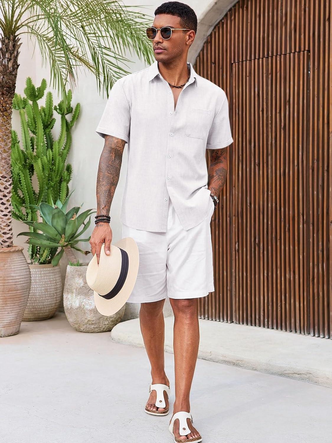 imageRuncati Mens Button Down Linen Shirt Short Sleeve Casual Summer Beach Wedding TopsWhite