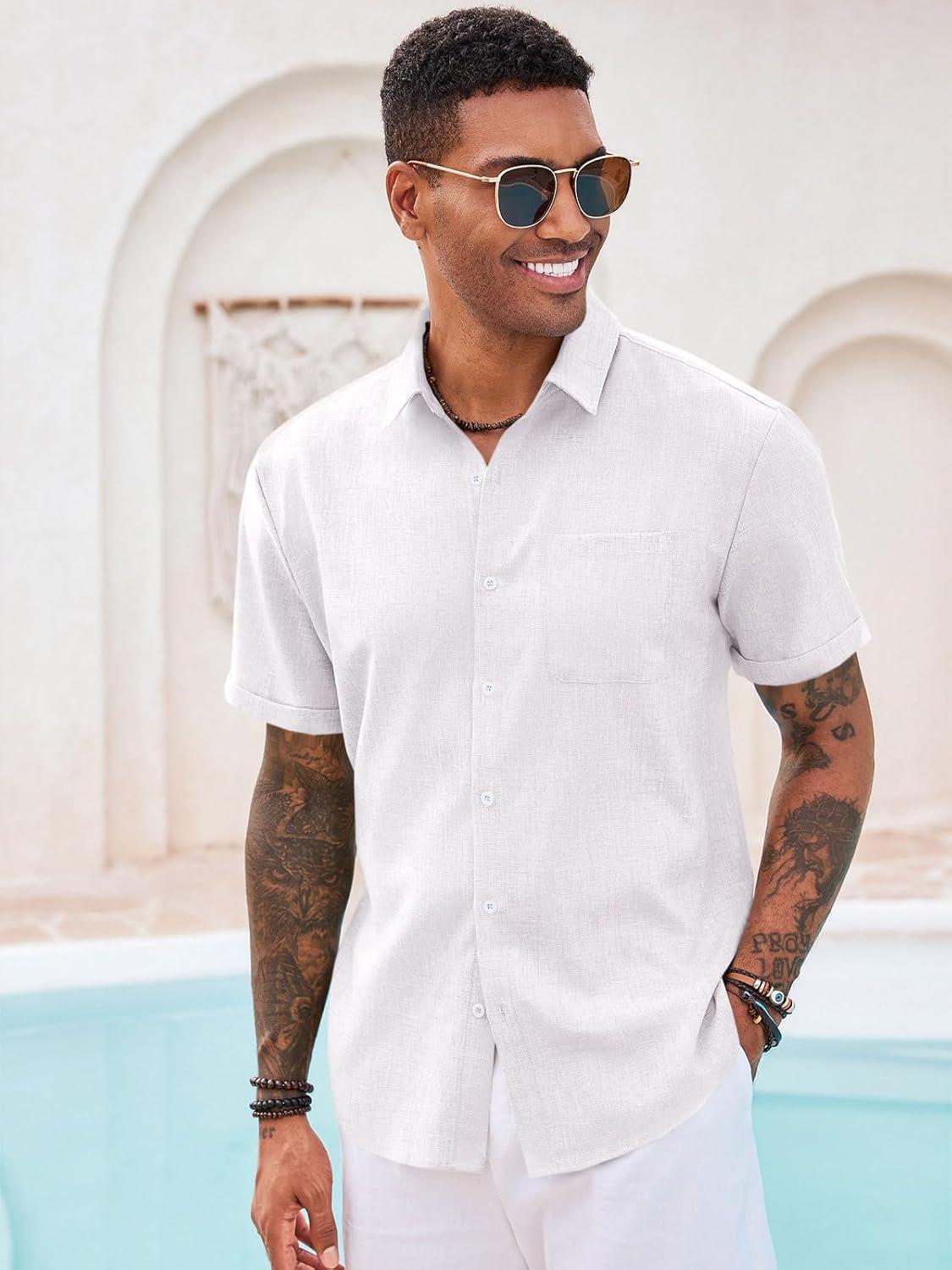 imageRuncati Mens Button Down Linen Shirt Short Sleeve Casual Summer Beach Wedding TopsWhite