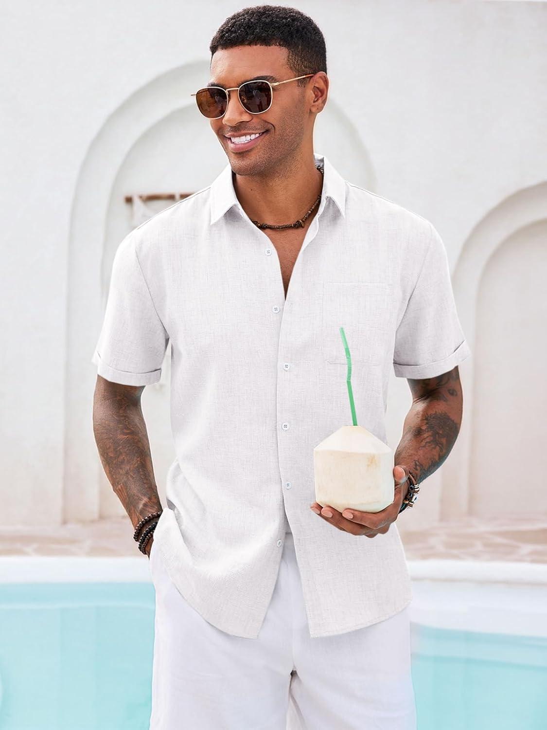 imageRuncati Mens Button Down Linen Shirt Short Sleeve Casual Summer Beach Wedding TopsWhite