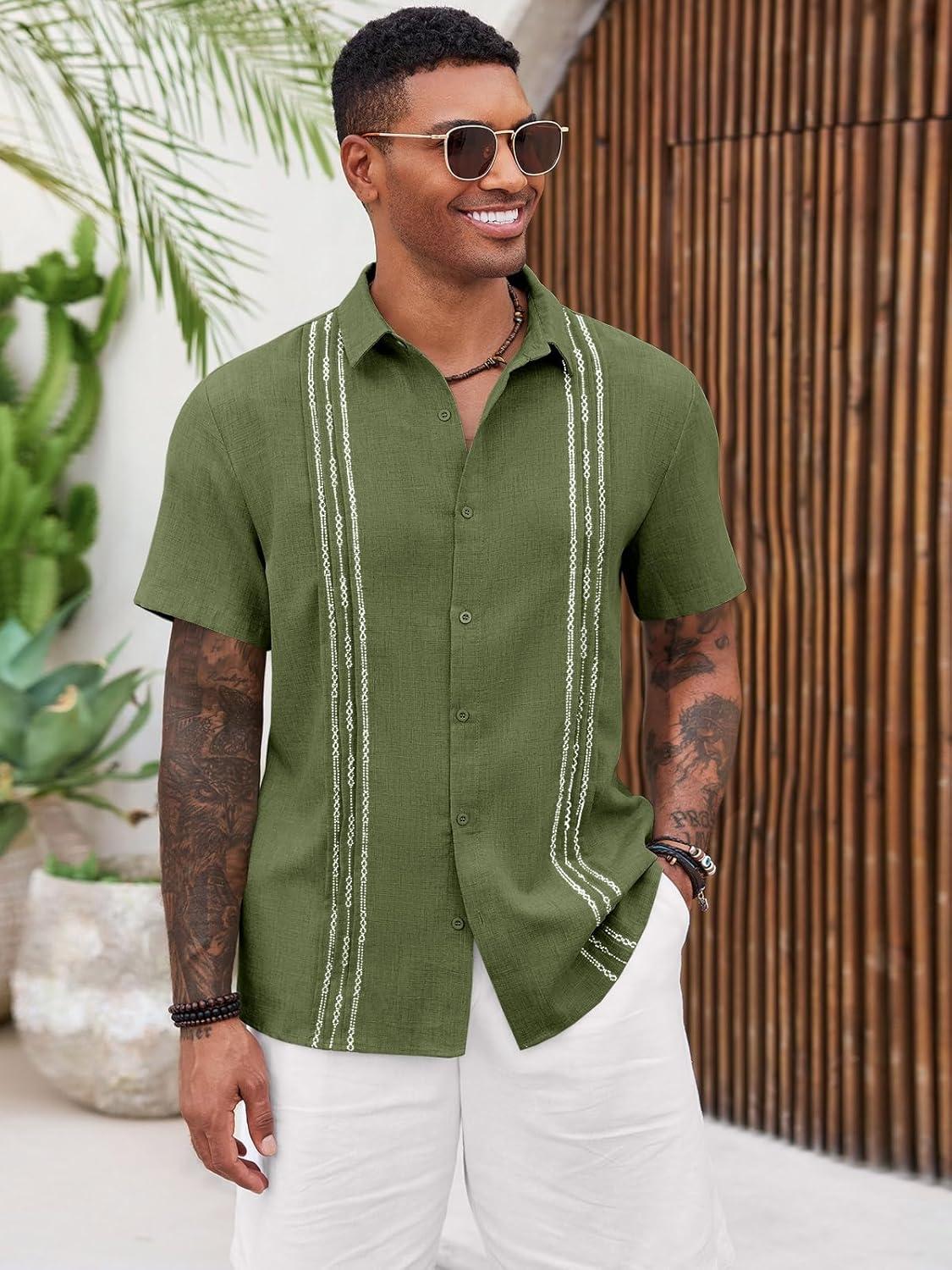 imageRuncati Mens Cuban Guayabera Shirts Short Sleeve Button Down Casual Summer Beach Wedding Embroidered TopsArmy Green