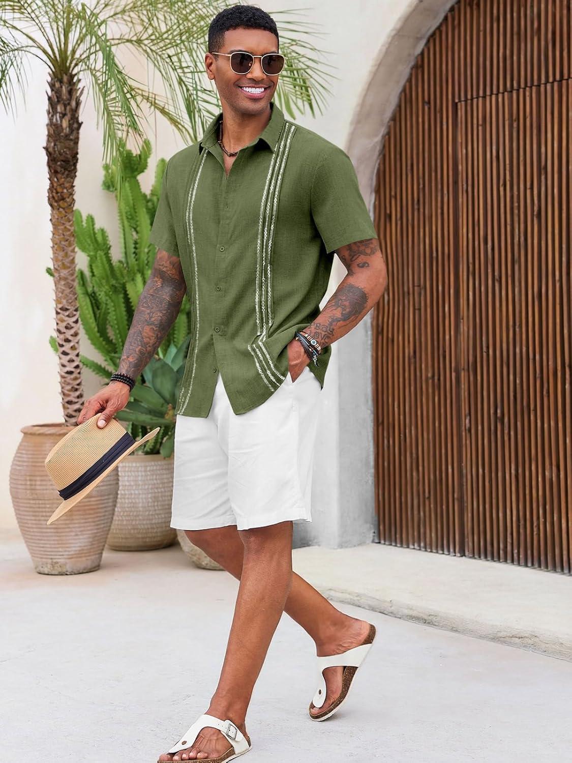 imageRuncati Mens Cuban Guayabera Shirts Short Sleeve Button Down Casual Summer Beach Wedding Embroidered TopsArmy Green