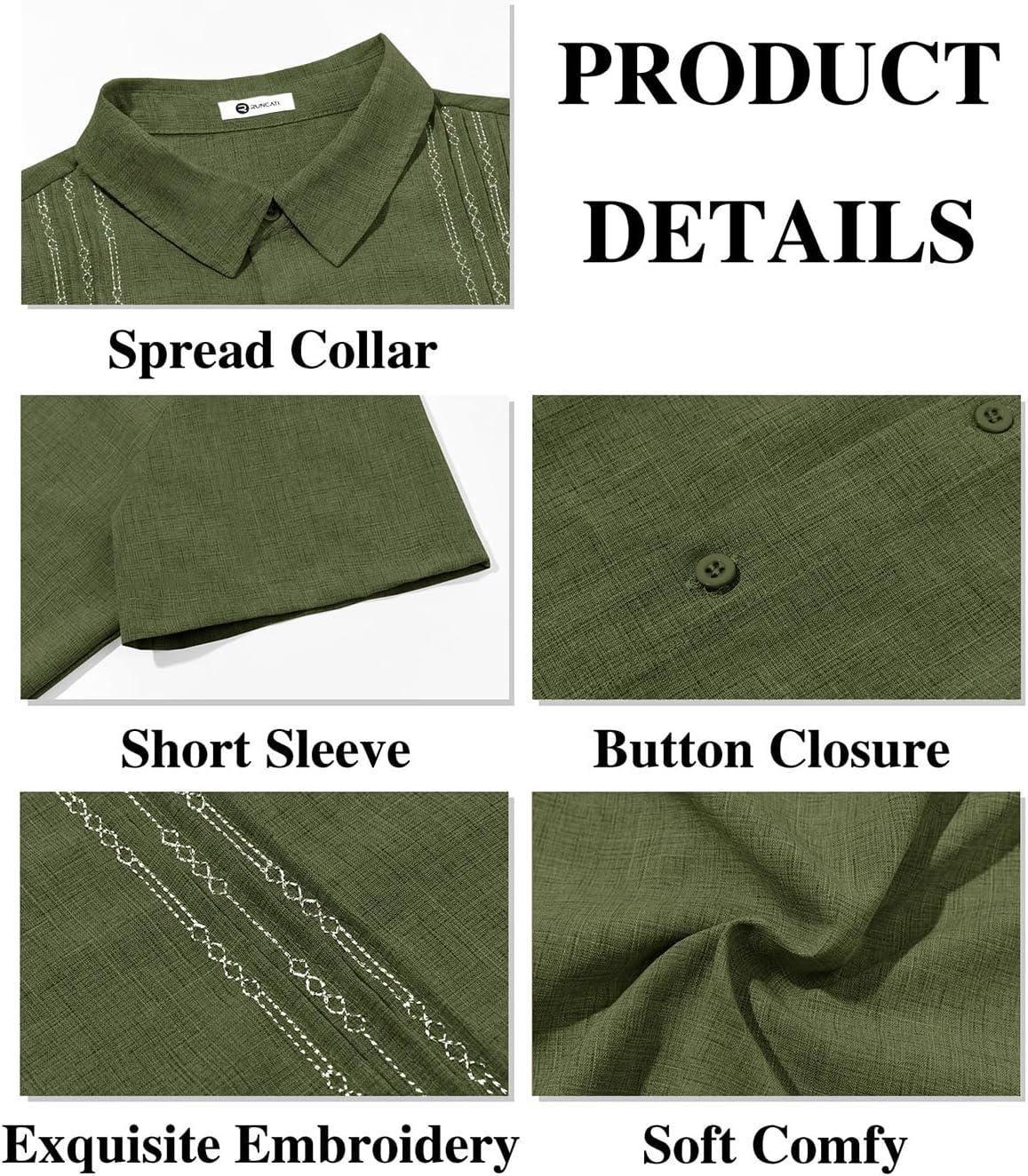 imageRuncati Mens Cuban Guayabera Shirts Short Sleeve Button Down Casual Summer Beach Wedding Embroidered TopsArmy Green