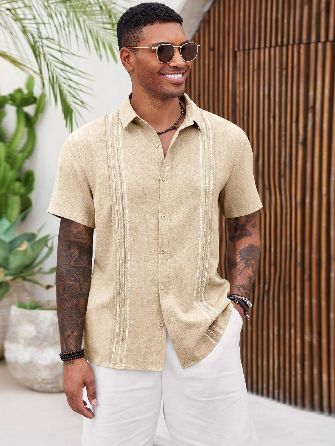 imageRuncati Mens Cuban Guayabera Shirts Short Sleeve Button Down Casual Summer Beach Wedding Embroidered TopsBeige