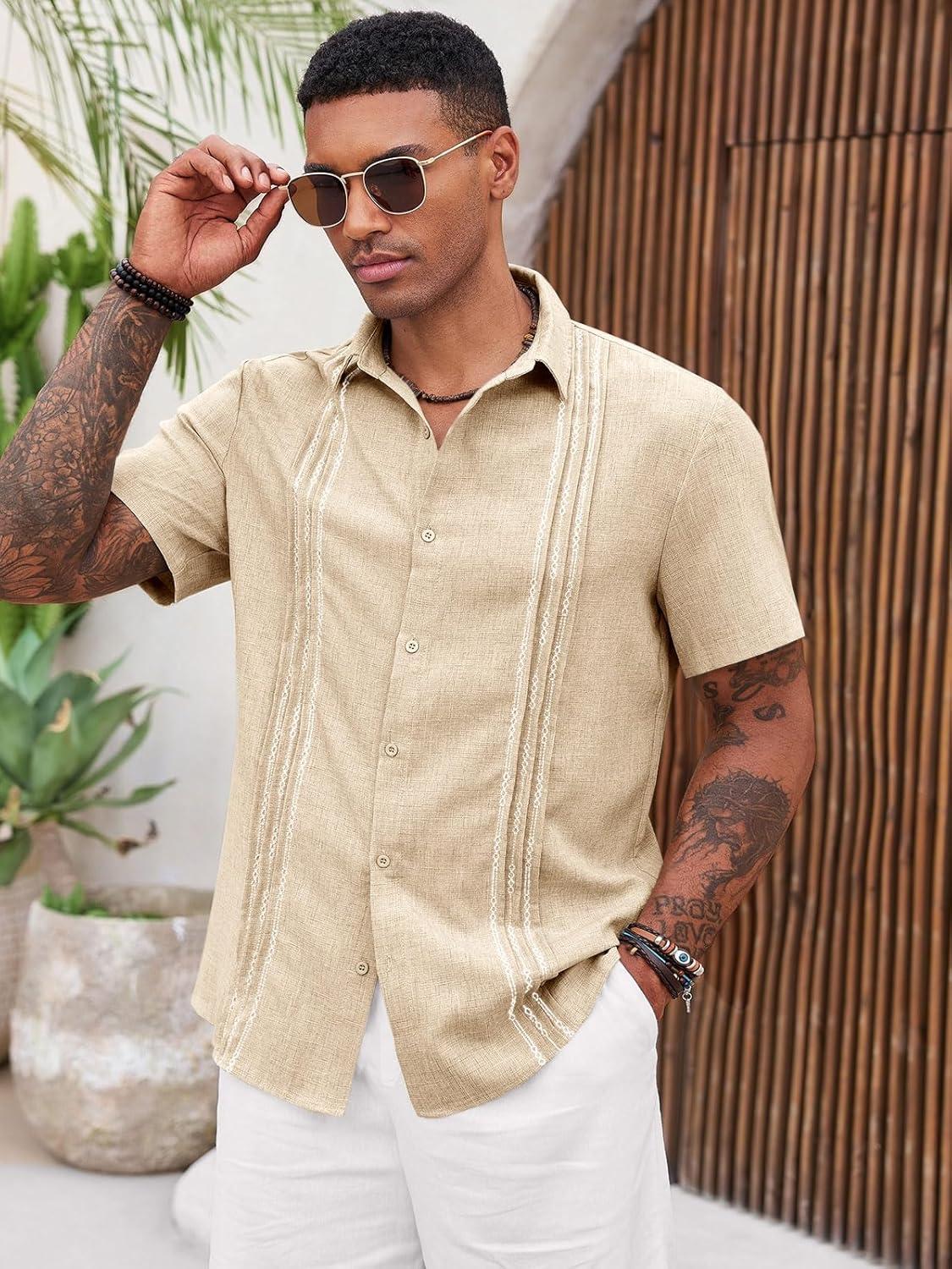 imageRuncati Mens Cuban Guayabera Shirts Short Sleeve Button Down Casual Summer Beach Wedding Embroidered TopsBeige