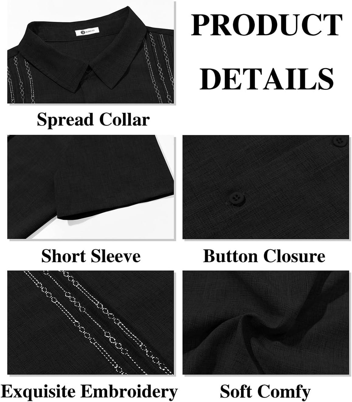 imageRuncati Mens Cuban Guayabera Shirts Short Sleeve Button Down Casual Summer Beach Wedding Embroidered TopsBlack