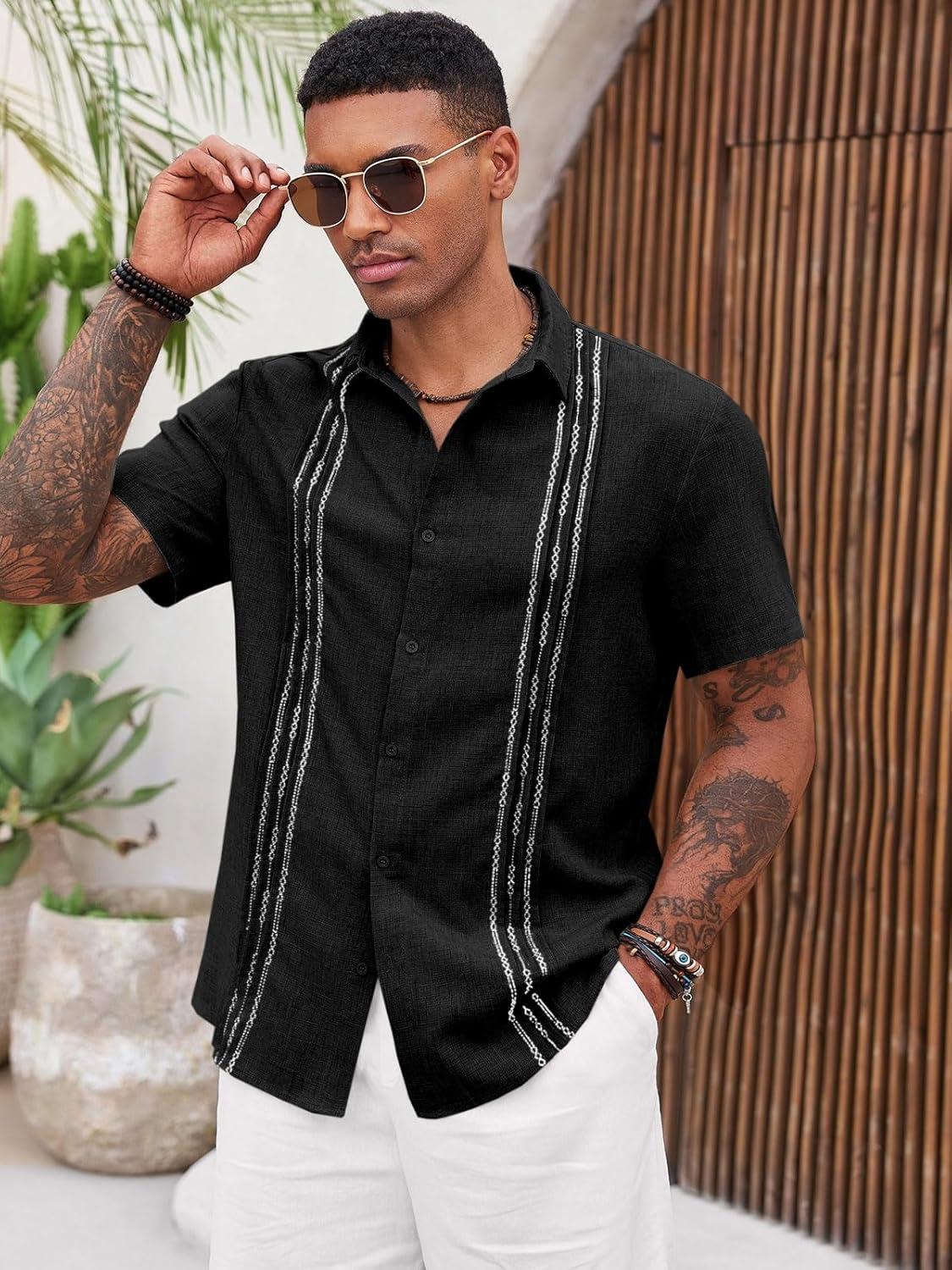 imageRuncati Mens Cuban Guayabera Shirts Short Sleeve Button Down Casual Summer Beach Wedding Embroidered TopsBlack