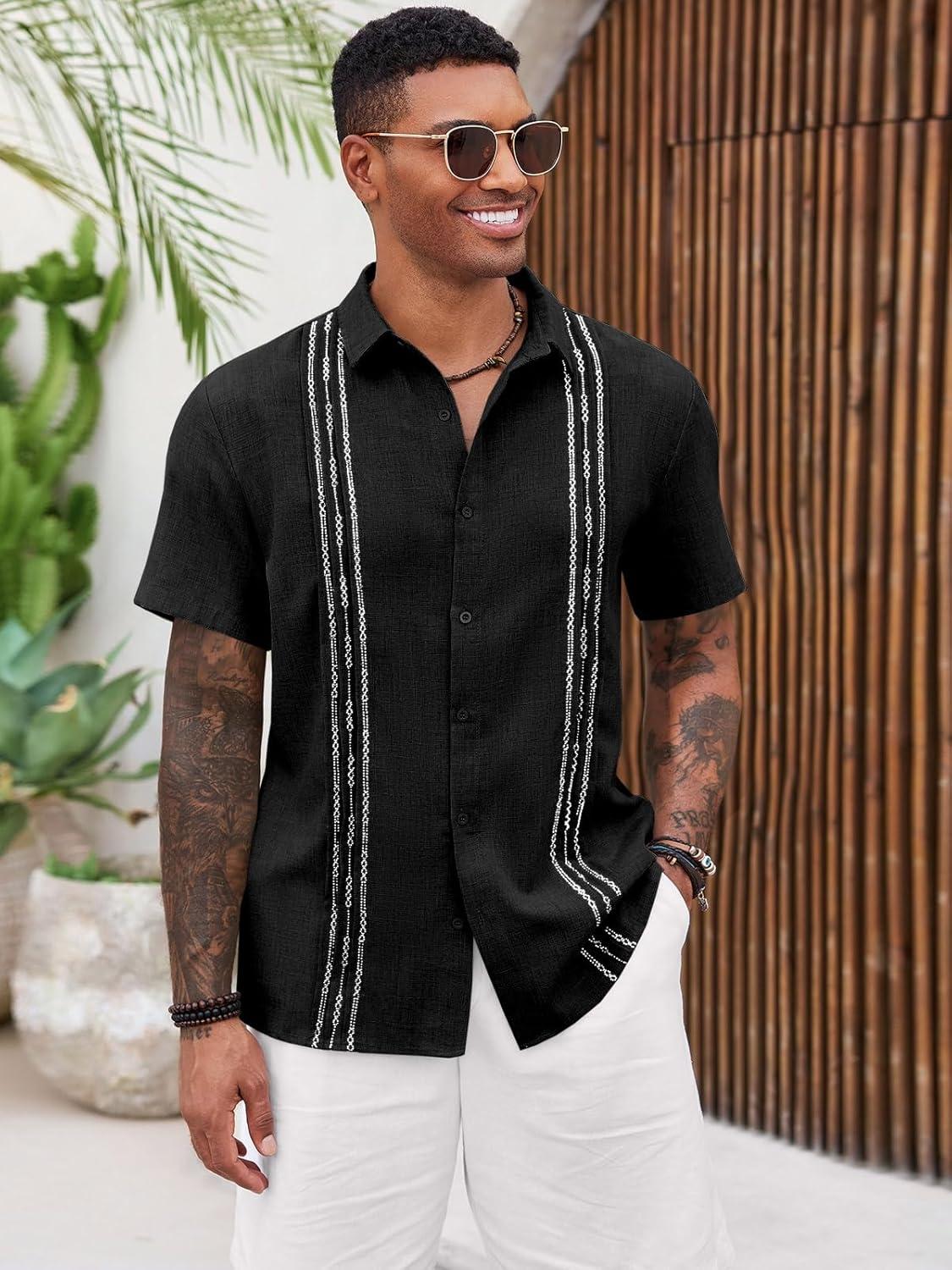 imageRuncati Mens Cuban Guayabera Shirts Short Sleeve Button Down Casual Summer Beach Wedding Embroidered TopsBlack