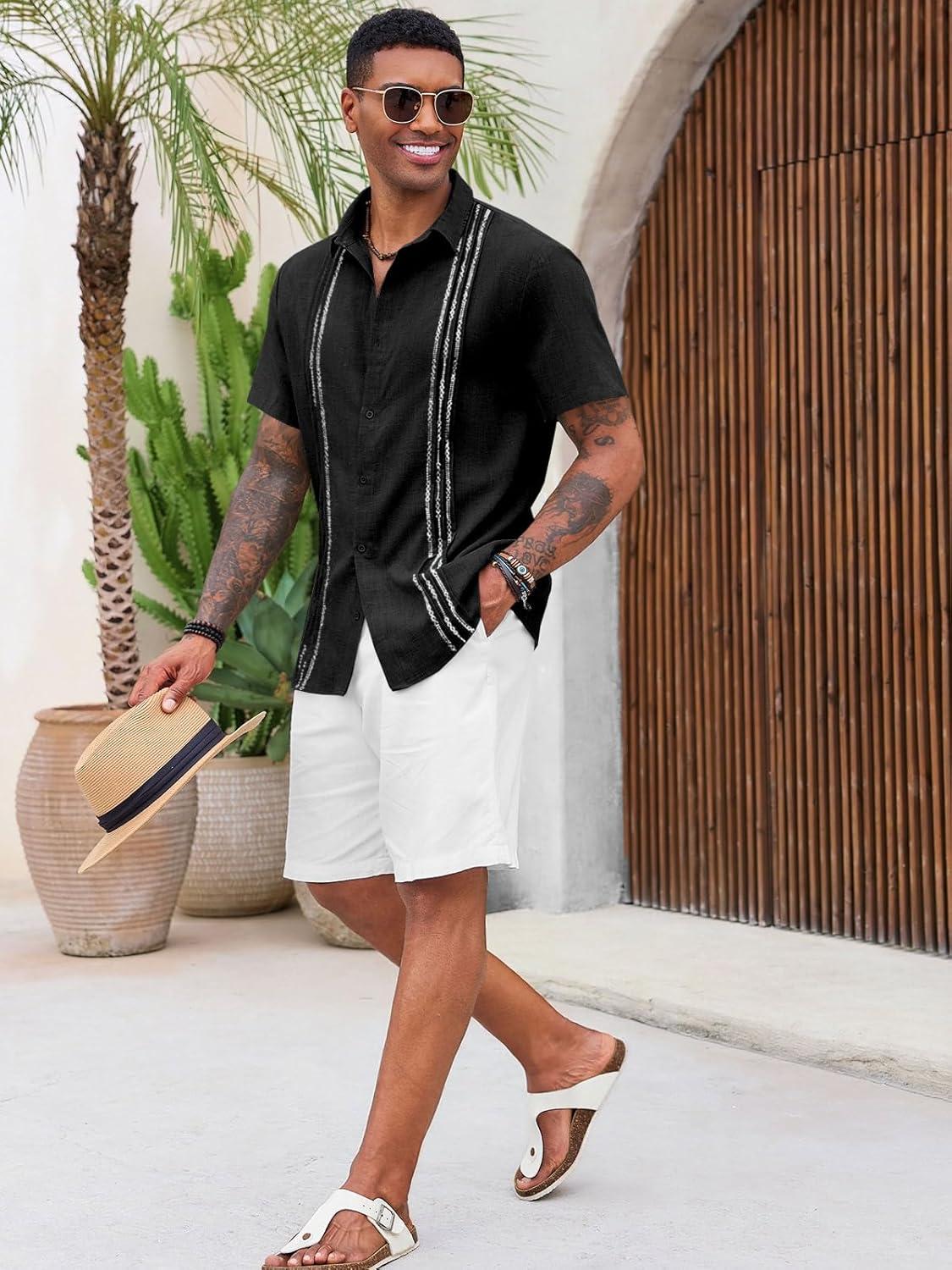 imageRuncati Mens Cuban Guayabera Shirts Short Sleeve Button Down Casual Summer Beach Wedding Embroidered TopsBlack