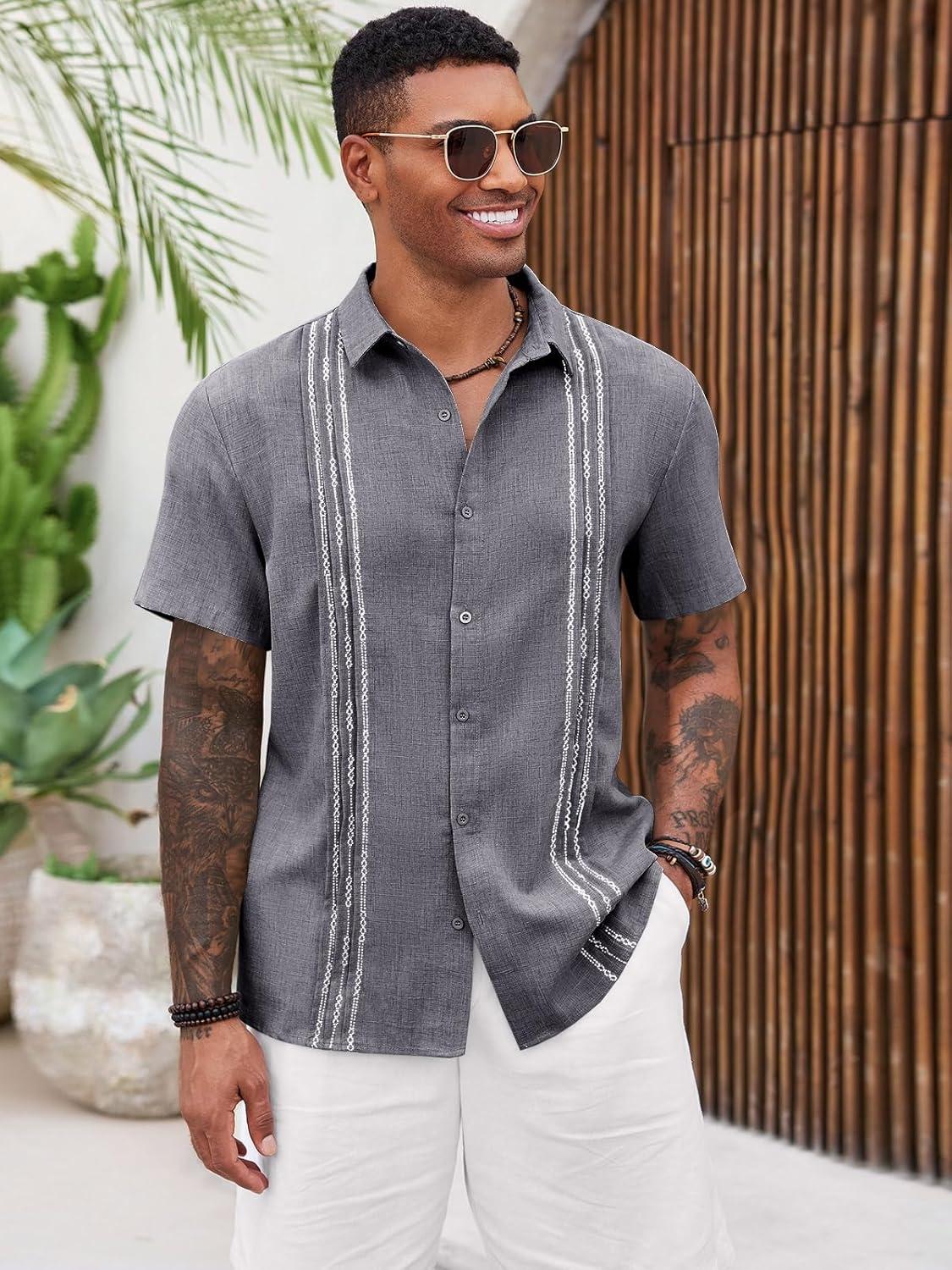 imageRuncati Mens Cuban Guayabera Shirts Short Sleeve Button Down Casual Summer Beach Wedding Embroidered TopsDark Gray