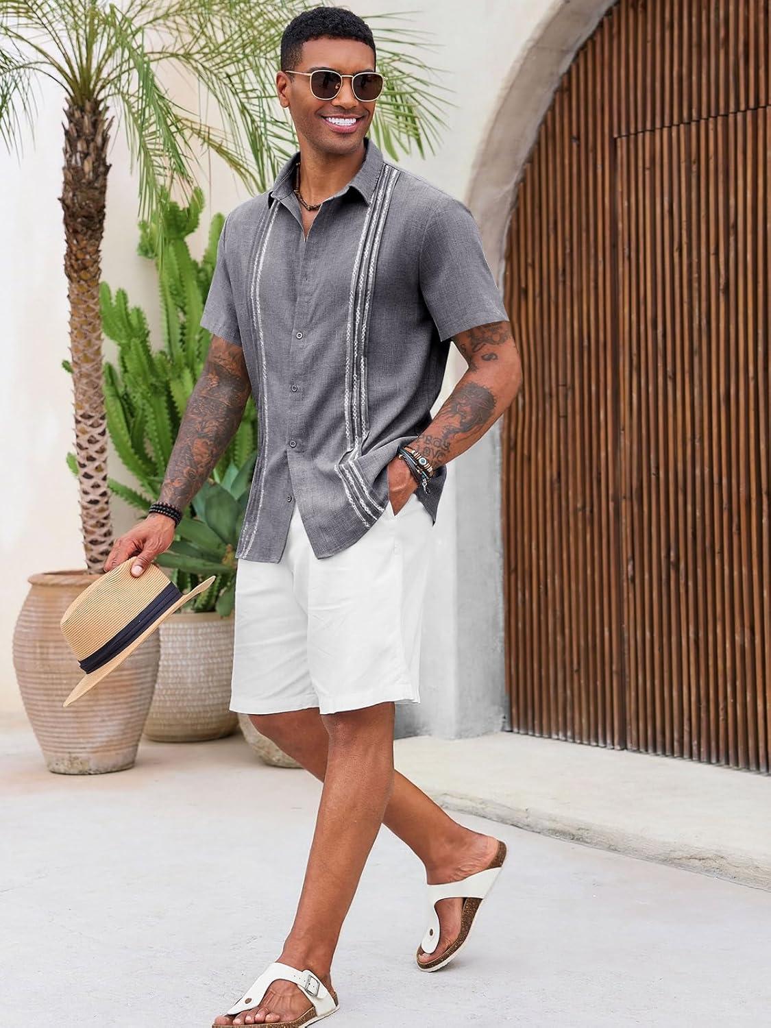 imageRuncati Mens Cuban Guayabera Shirts Short Sleeve Button Down Casual Summer Beach Wedding Embroidered TopsDark Gray