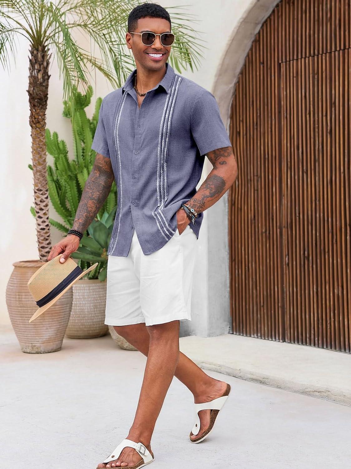 imageRuncati Mens Cuban Guayabera Shirts Short Sleeve Button Down Casual Summer Beach Wedding Embroidered TopsJeans Blue