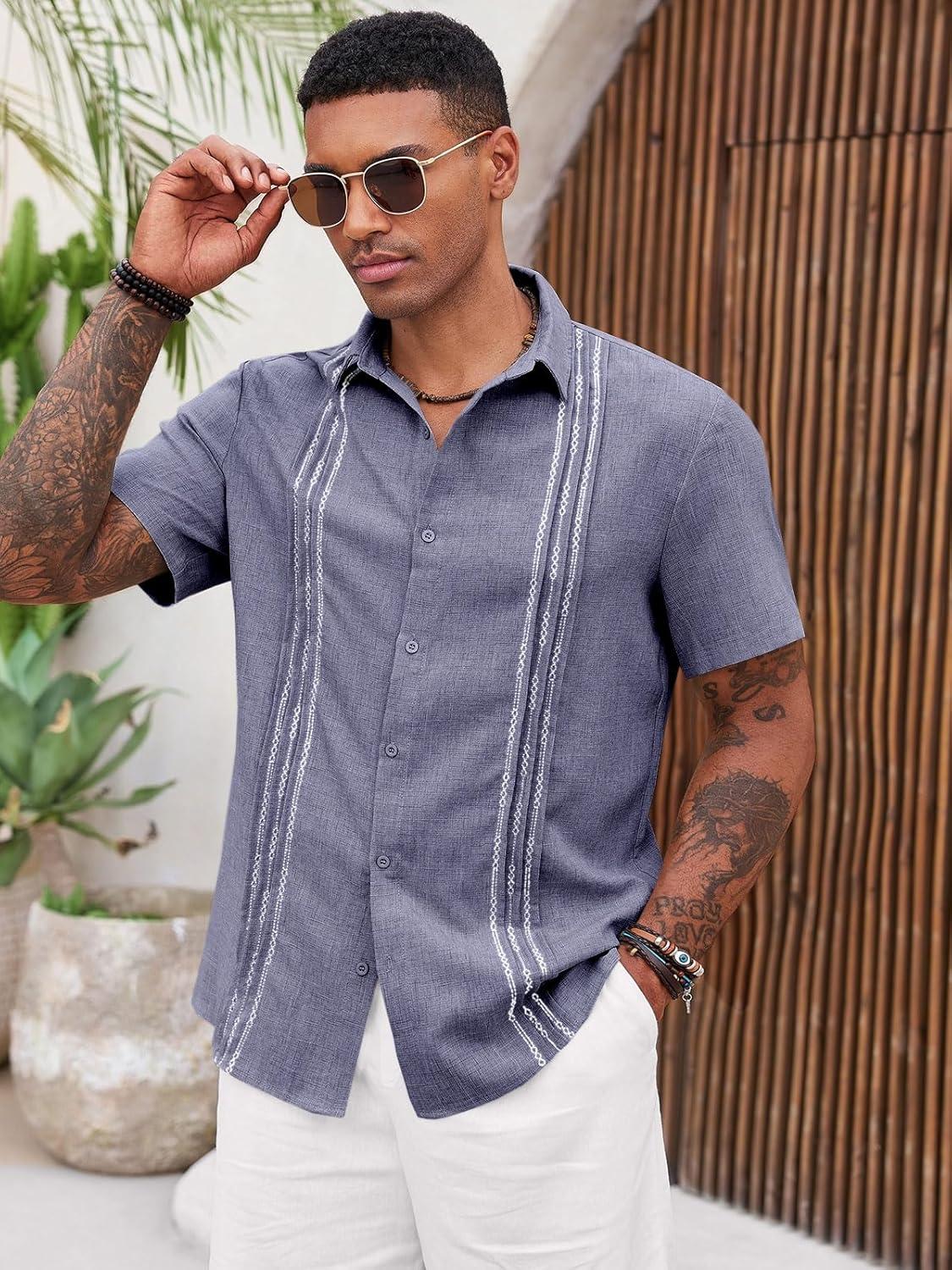 imageRuncati Mens Cuban Guayabera Shirts Short Sleeve Button Down Casual Summer Beach Wedding Embroidered TopsJeans Blue