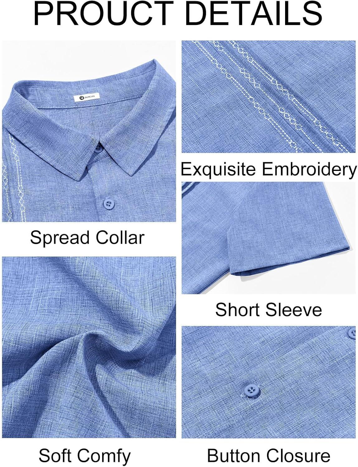 imageRuncati Mens Cuban Guayabera Shirts Short Sleeve Button Down Casual Summer Beach Wedding Embroidered TopsLight Blue
