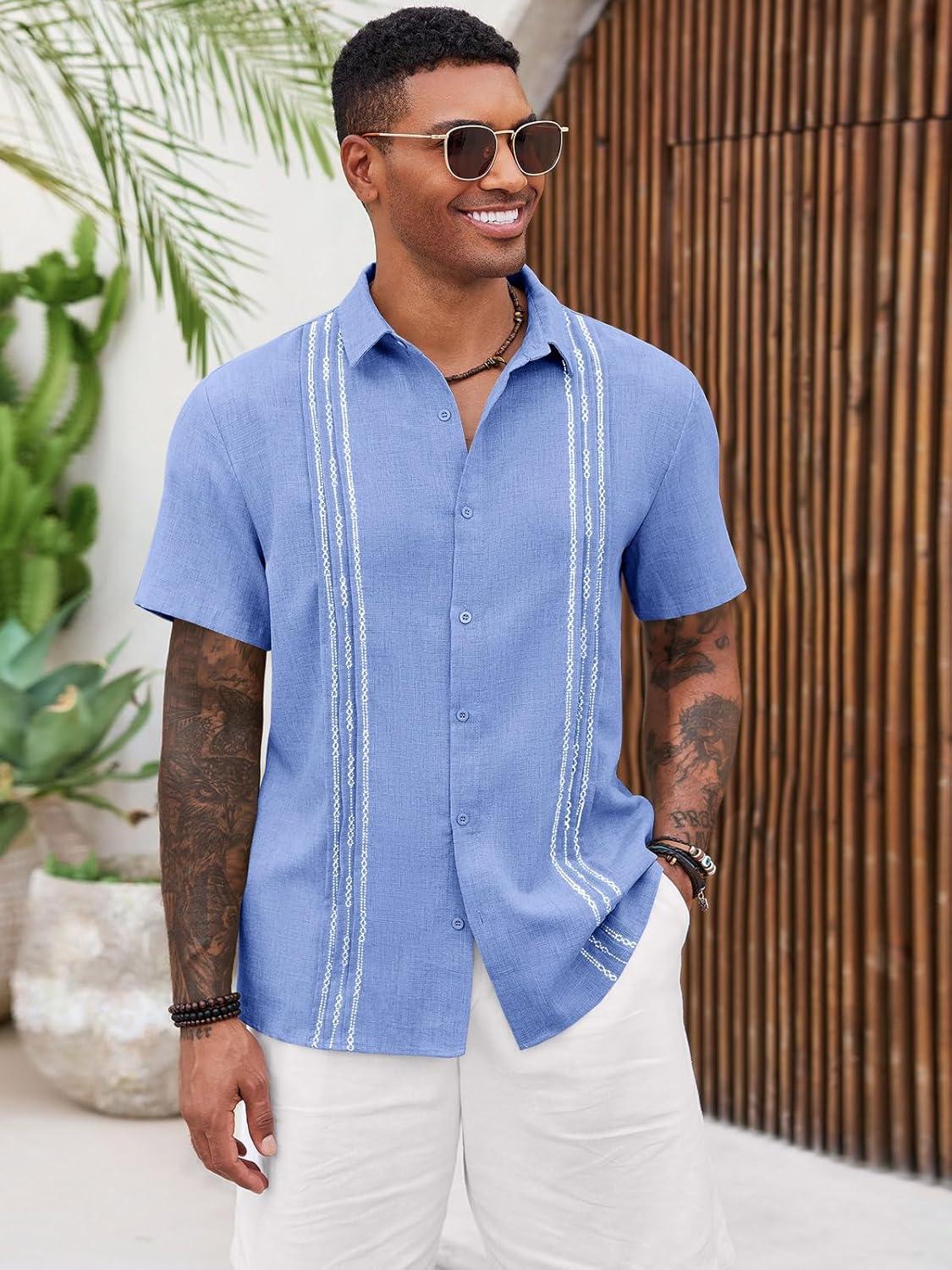 imageRuncati Mens Cuban Guayabera Shirts Short Sleeve Button Down Casual Summer Beach Wedding Embroidered TopsLight Blue
