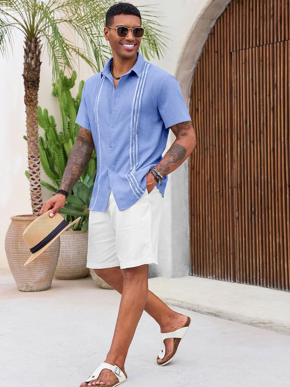 imageRuncati Mens Cuban Guayabera Shirts Short Sleeve Button Down Casual Summer Beach Wedding Embroidered TopsLight Blue